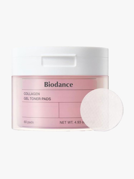 A jar of Biodance Collagen Gel Toner Pads on a light gray background